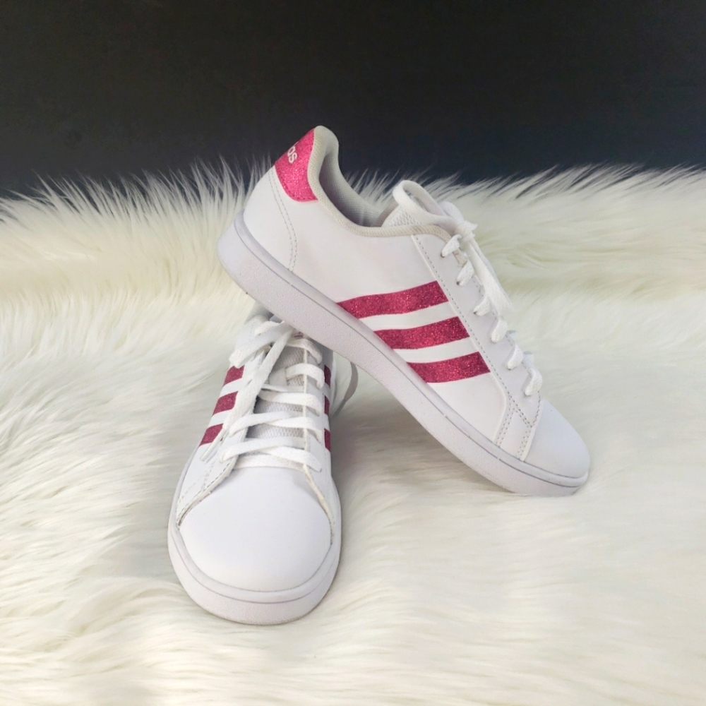 Adidas Grand Court K Shoes White Pink Glitter 3-Stripes EG5136 Girls Youth Sz 4